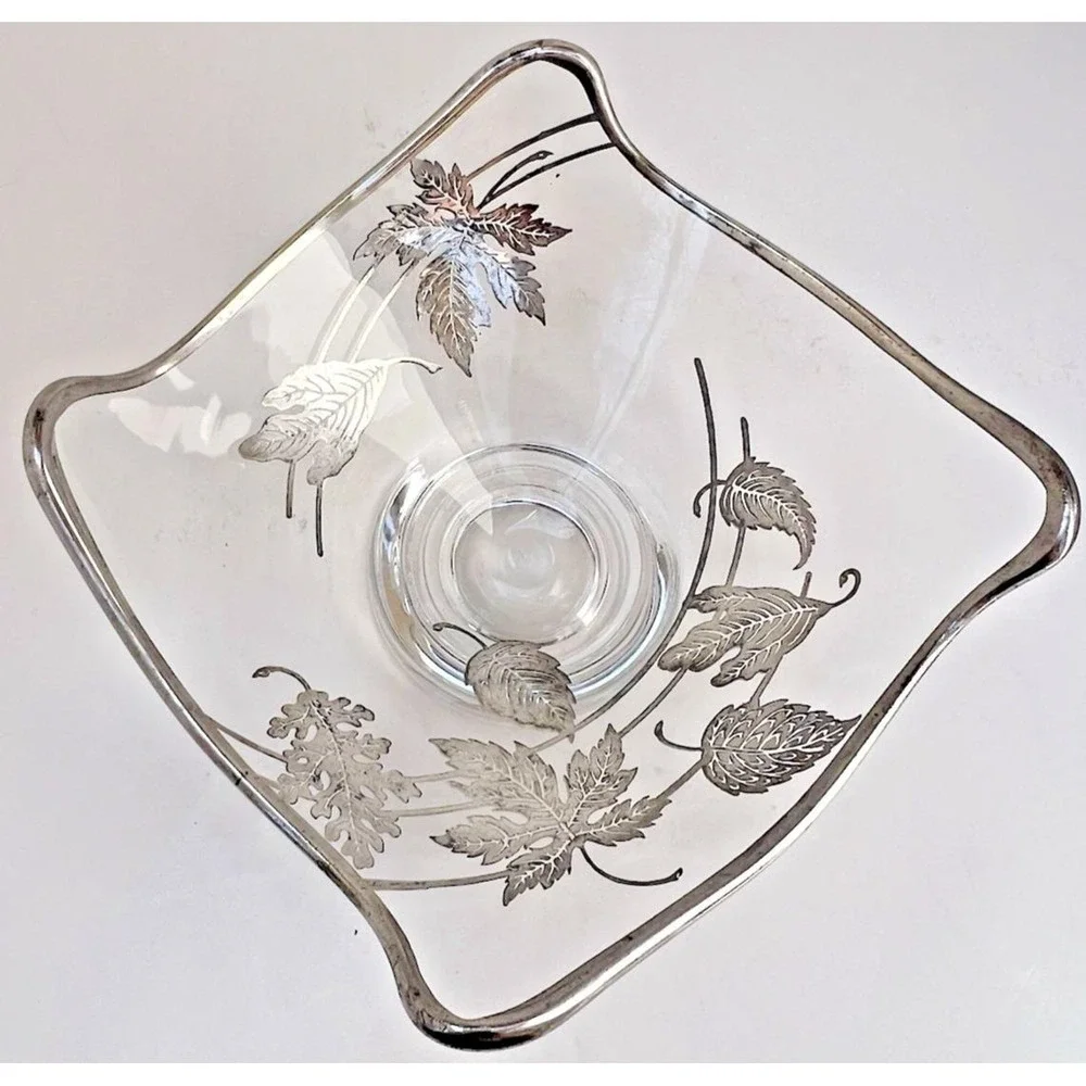 Candy Dish Etched Glass Silver Leaf Pedestal Stand Mid Century Modern Vintage